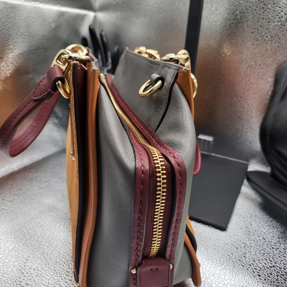 Coach Tan, Gray, and Plum Color Leather and Suade Bag with Sophisticated Design. - Picture 5 of 6